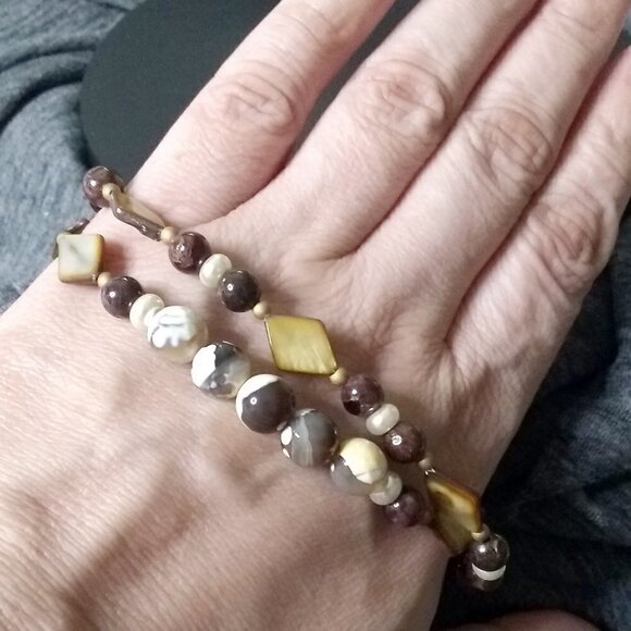 2 Bracelets! Neutral Color Scheme! Semi Precious Beads! Classy & Chic + Elegant! - Picture 4 of 13